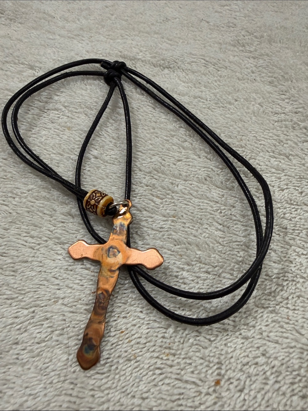 Handcrafted Copper Cross Pendant Necklace -Brown & Black Leather Cord length 15”